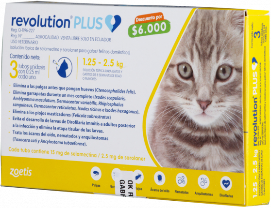 Revolution Plus Gatos - 3 Tubos 0.25ml 1.25 - 2.5kg Revolution Plus Gatos - 3 Tubos 0.25ml 1.25 - 2.5kg